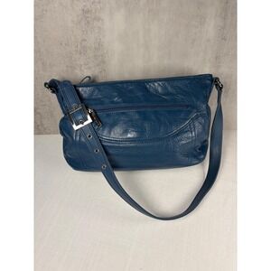 Stone & Co Teal Blue Pebbled Leather Shoulder Bag Adjustable Strap Multi Pocket